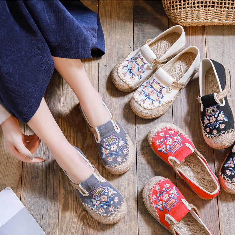 Mori Fresh Shallow Mouth Pumps Handicraft Sewing Canvas Shoes Newgew