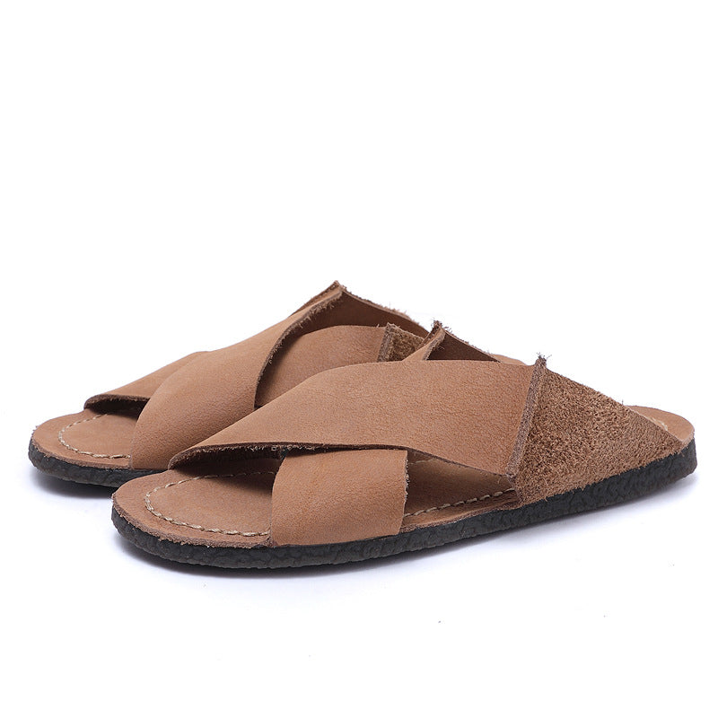 Women Retro Cowhide Soft Casual Slides Newgew Shoes