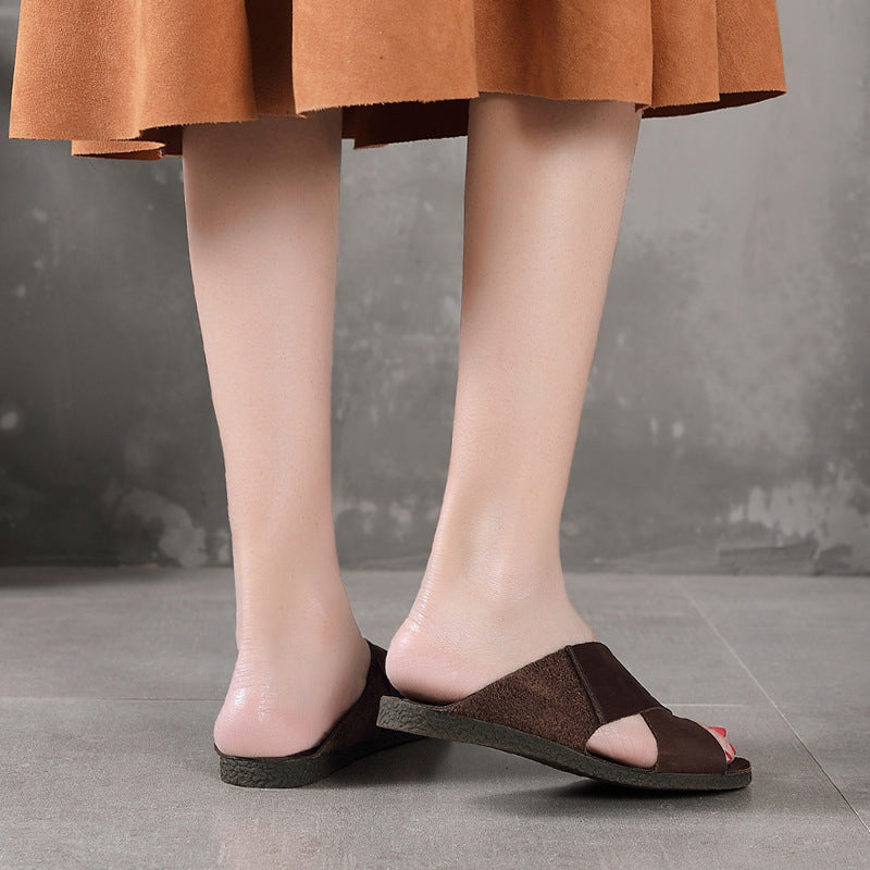 Women Retro Cowhide Soft Casual Slides Newgew Shoes