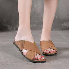 Women Retro Cowhide Soft Casual Slides Newgew Shoes