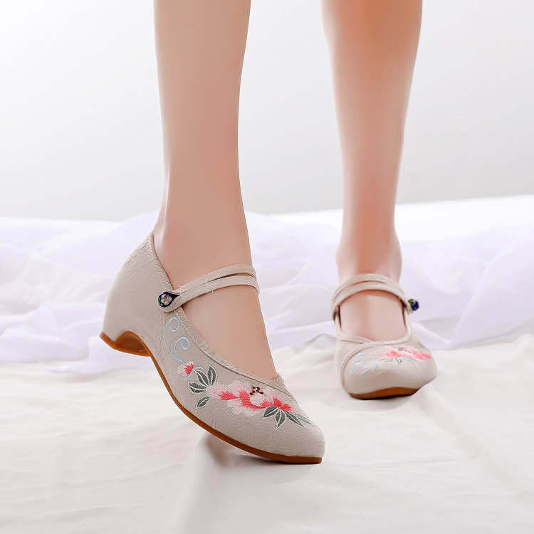 Women's Spring Ethnic Style Embroidered Height Increasing Canvas Shoes Newgew