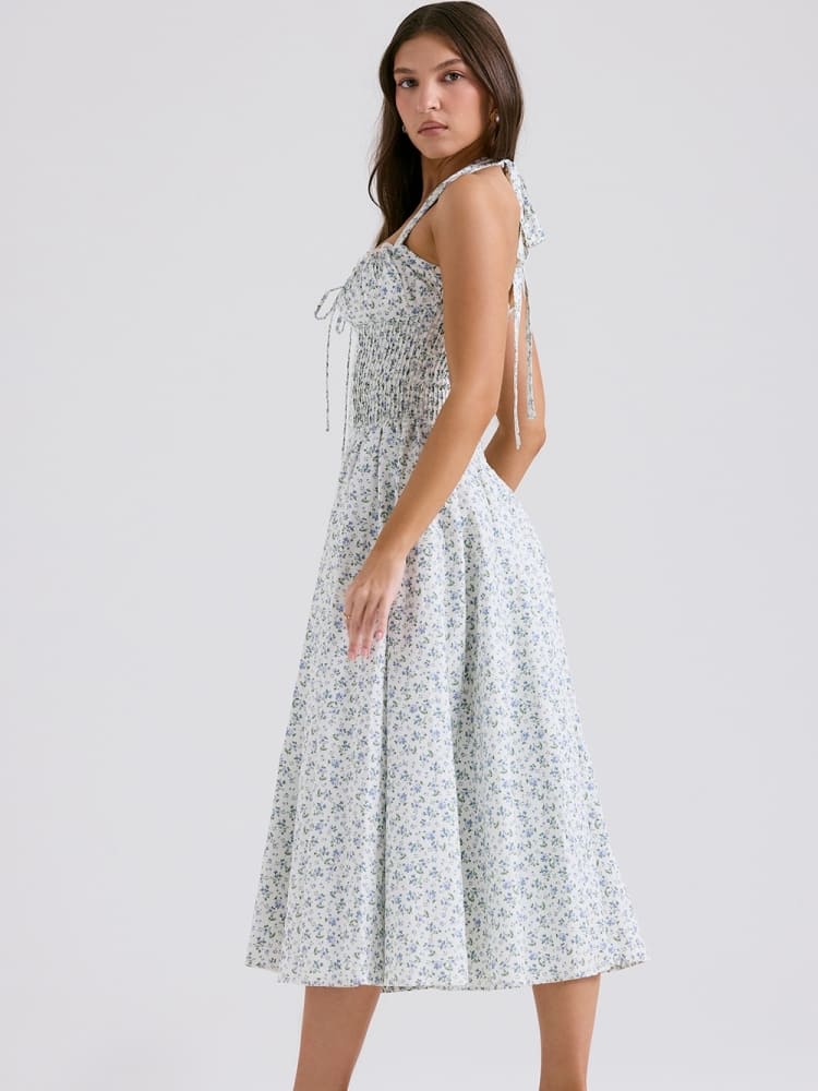 White Halter Backless Dress with Bluebell Floral Print Newgew Dresses