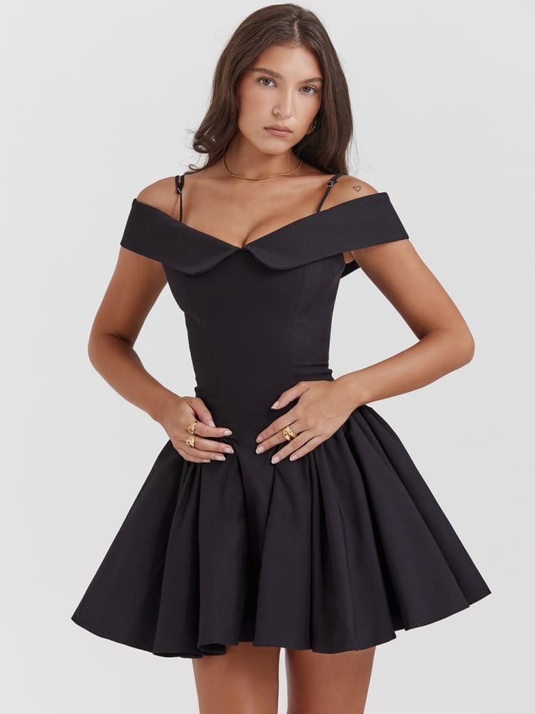 Black Off-Shoulder Spaghetti Strap Mini Dress Newgew Dresses
