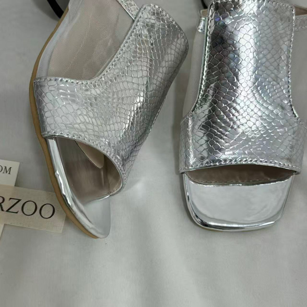 Mesh Chunky Heeled Open-Toe Sandals PinTow