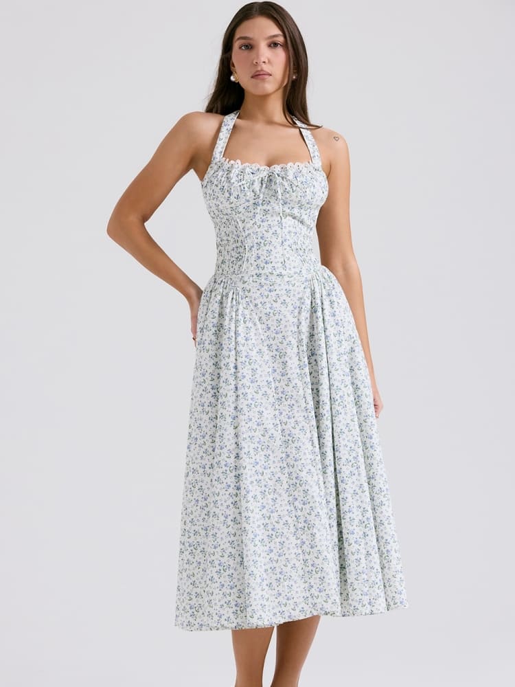 White Halter Backless Dress with Bluebell Floral Print Newgew Dresses