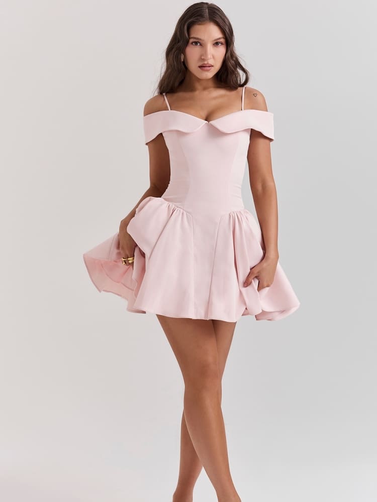 Ballet Pink Off-Shoulder Spaghetti Strap Mini Dress Newgew Dresses