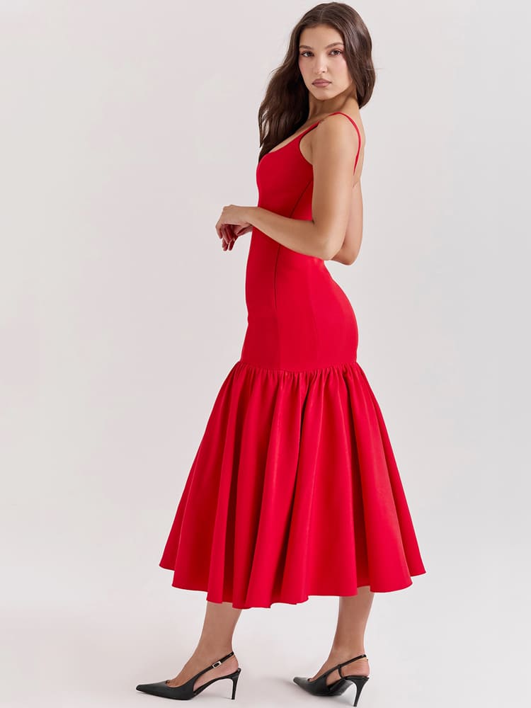 Low-Waist Bodycon Midi Dress - Scarlet Red Newgew Dresses