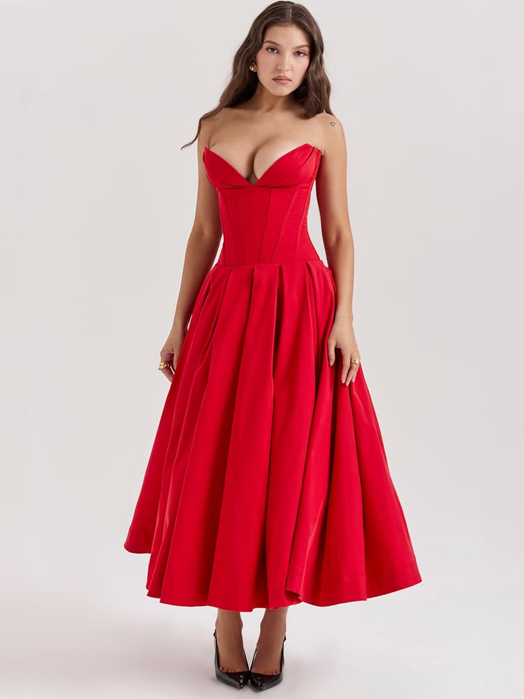 Low-Waist Bodycon Midi Dress - Scarlet Red Newgew Dresses