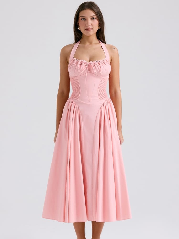 Barbie Pink Backless Halter Midi Dress Newgew Dresses