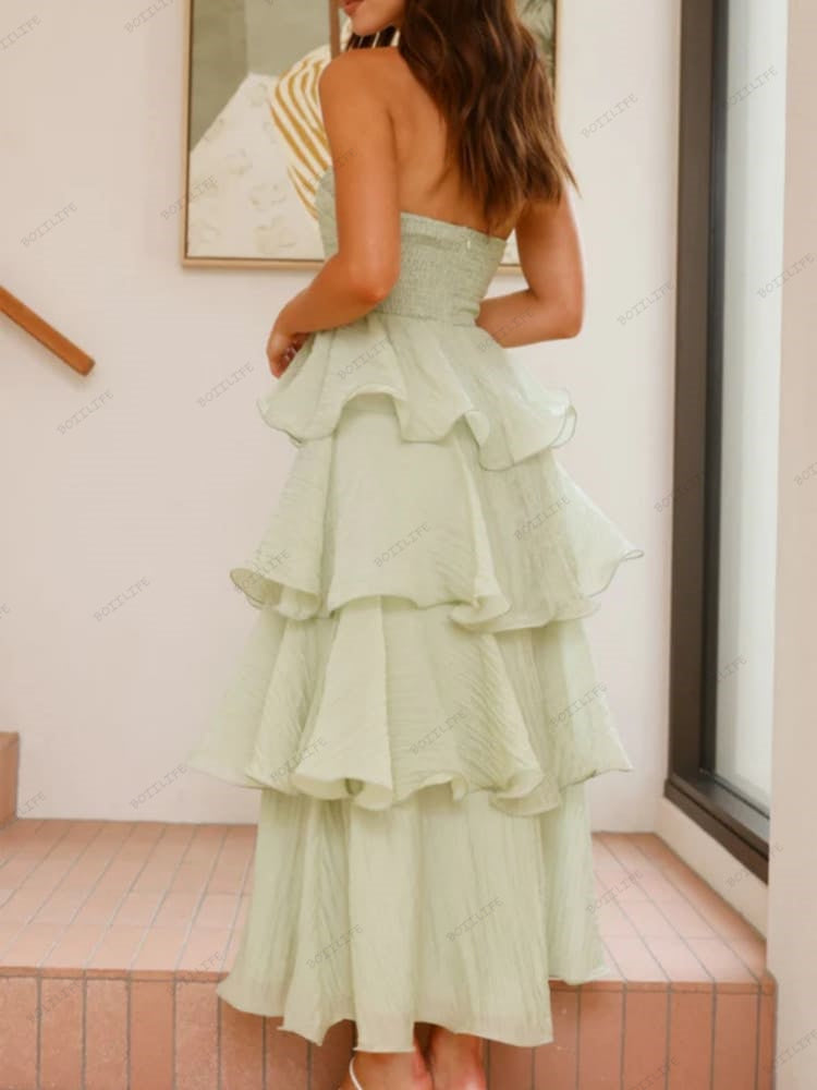 Chic Strapless Backless Tiered Midi Dress Newgew Dresses