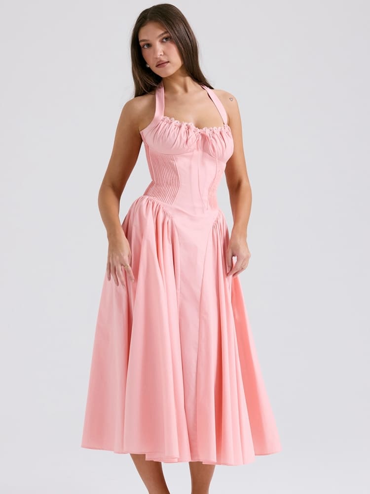 Barbie Pink Backless Halter Midi Dress Newgew Dresses