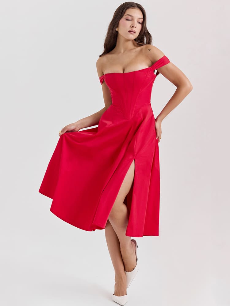Low-Waist Bodycon Midi Dress - Scarlet Red Newgew Dresses