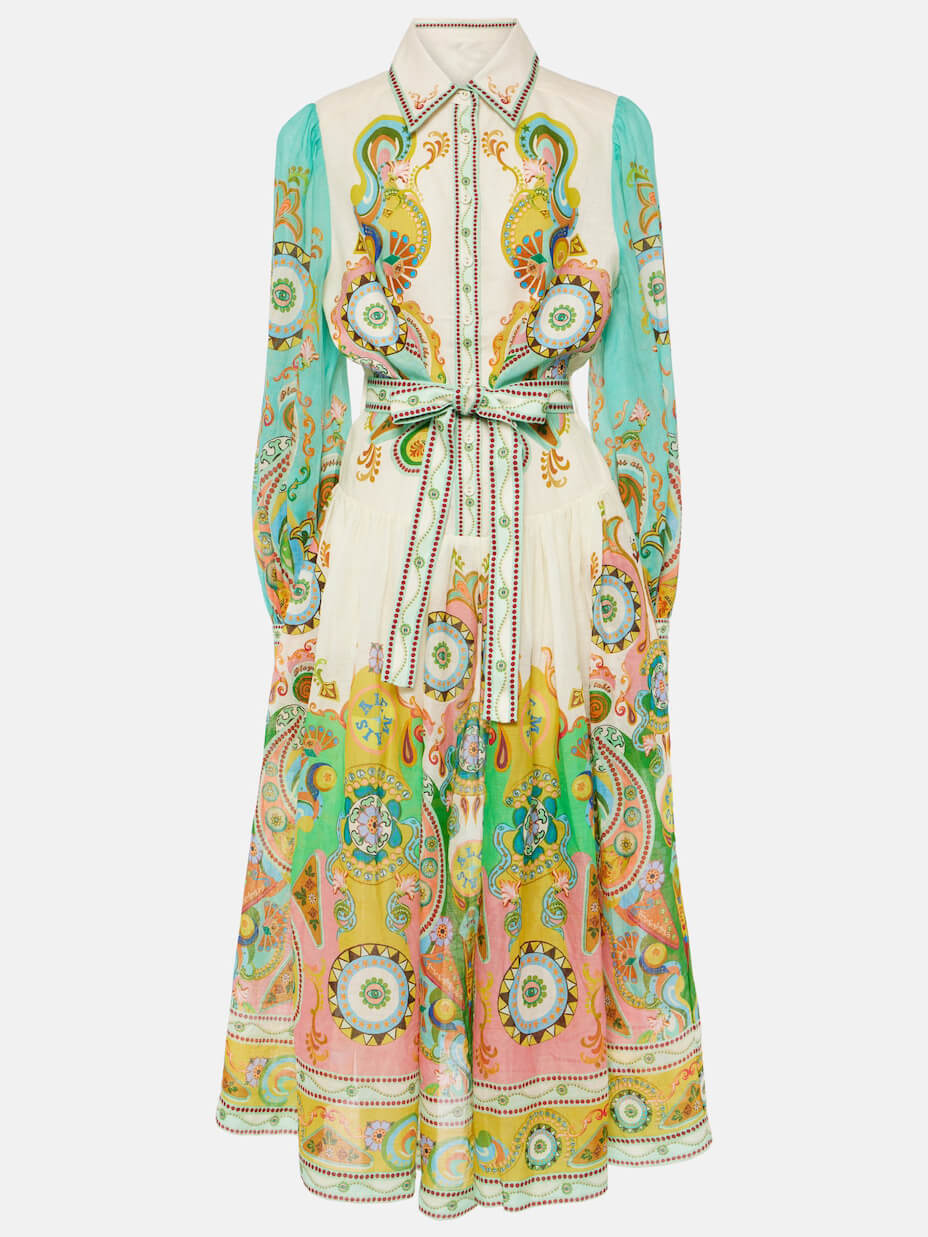 Unique Exquisite Fashion Print Puff Sleeve Tie Midi Dress Newgew Dresses