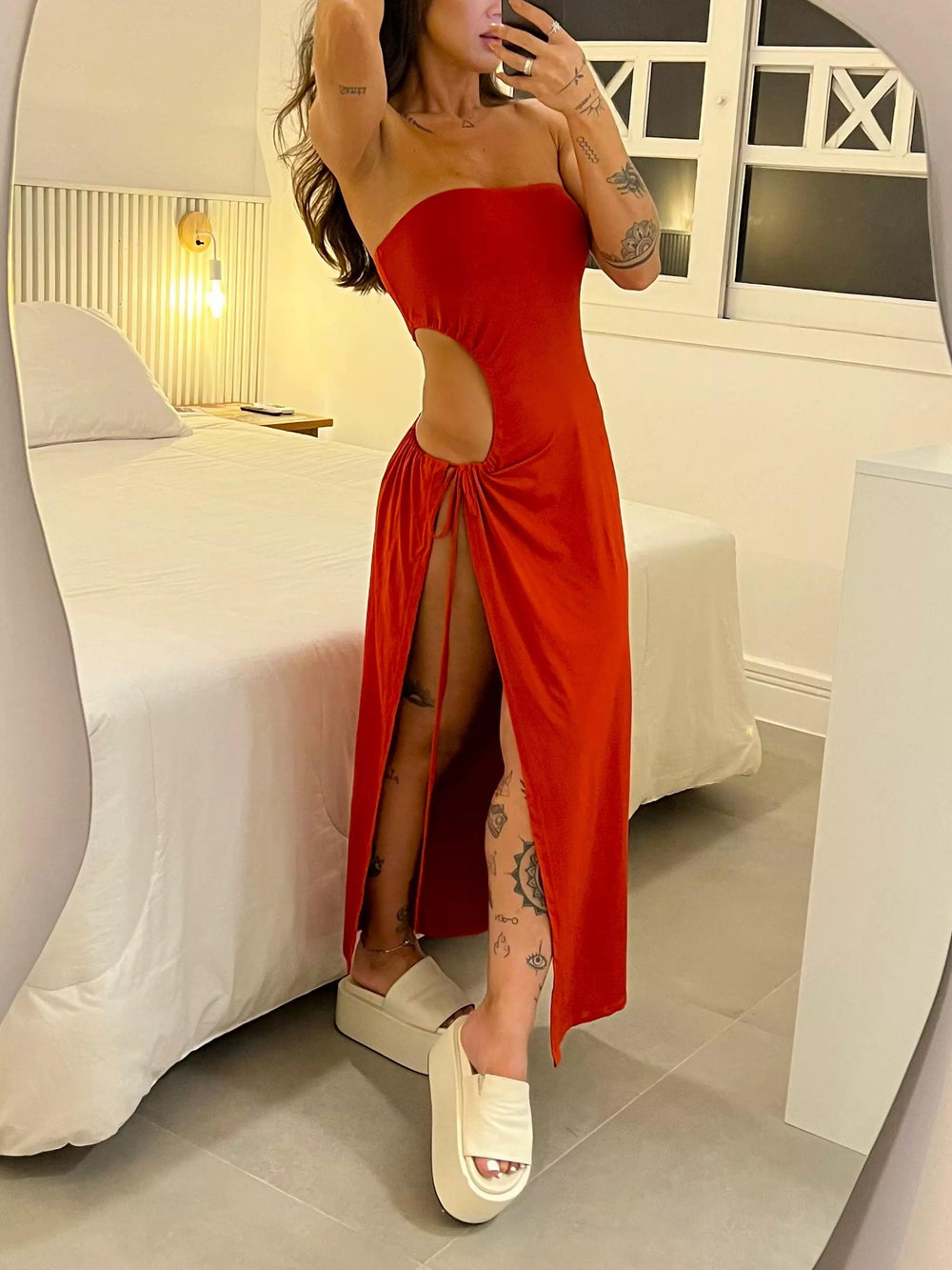 Bandeau Side Slit Tie Bodysuit Dress Newgew Dresses