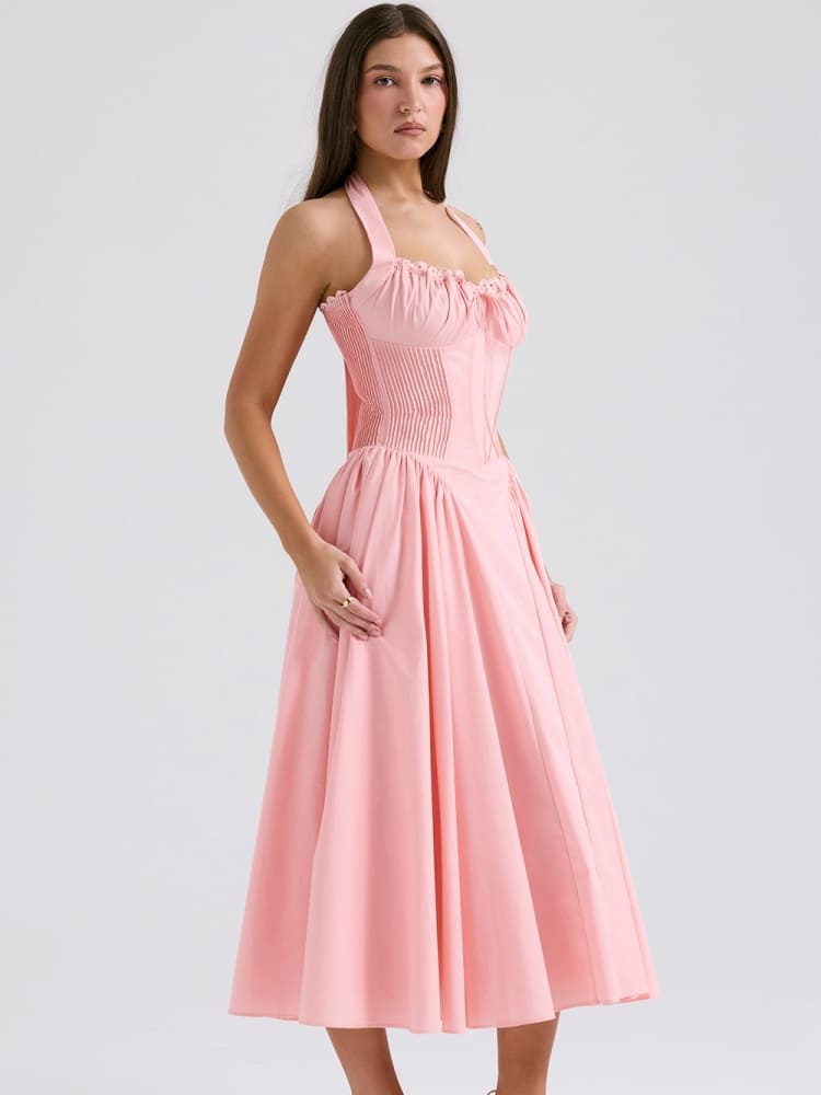 Barbie Pink Backless Halter Midi Dress Newgew Dresses