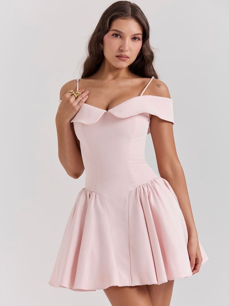 Ballet Pink Off-Shoulder Spaghetti Strap Mini Dress Newgew Dresses