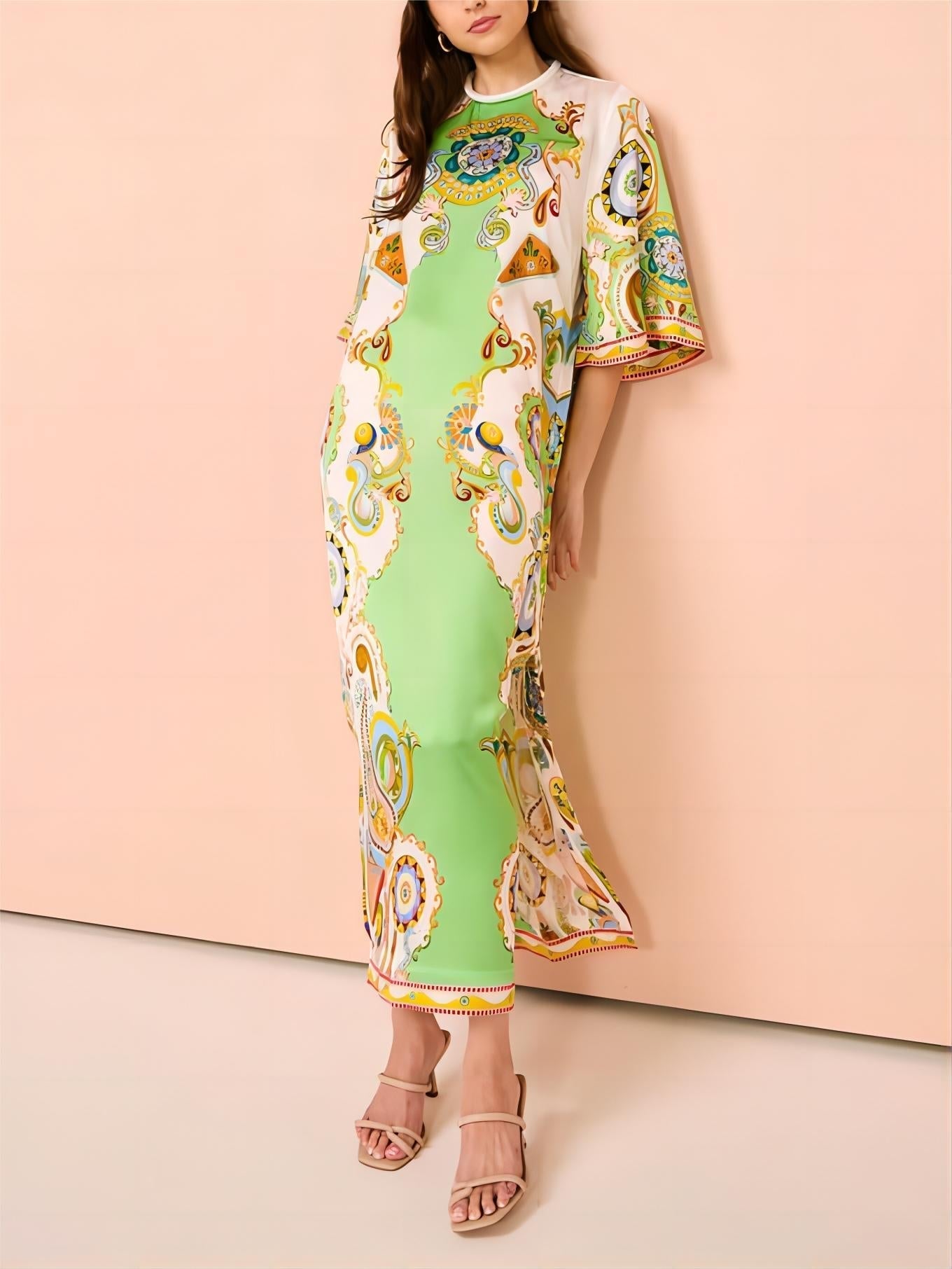 Unique Cashew Floral Print Loose Midi Dress Newgew Dresses