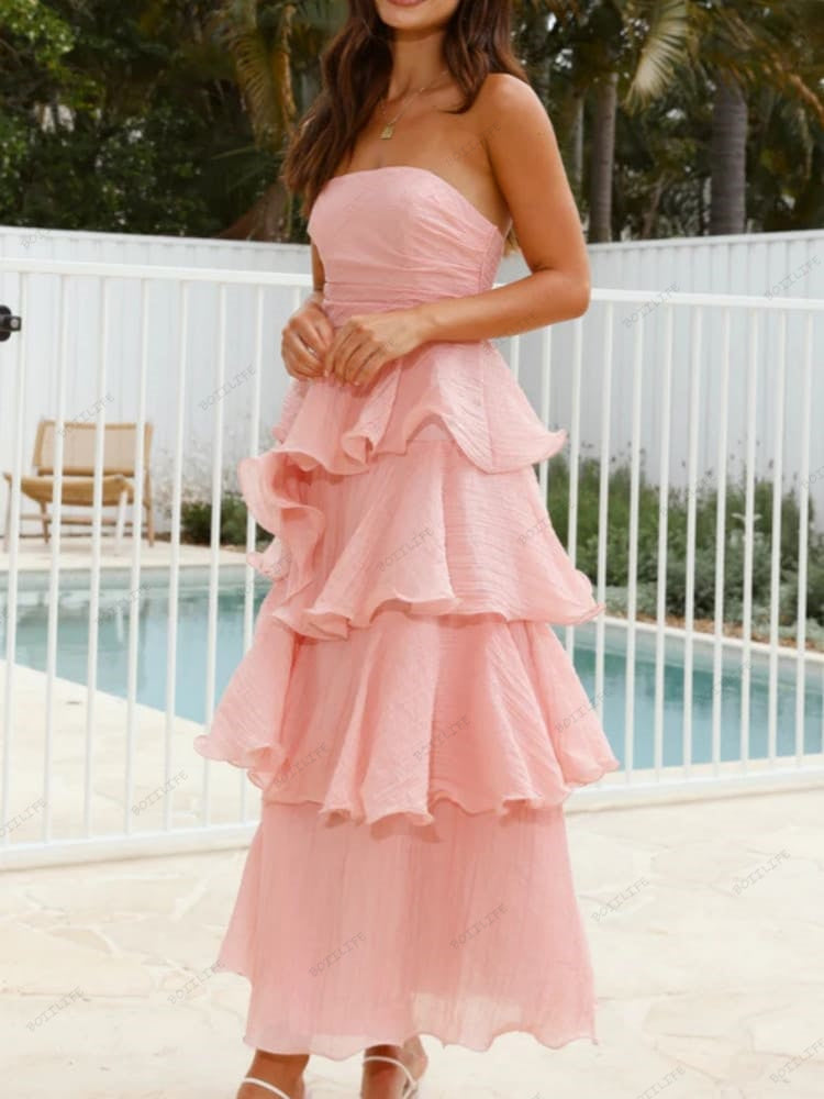 Chic Strapless Backless Tiered Midi Dress Newgew Dresses