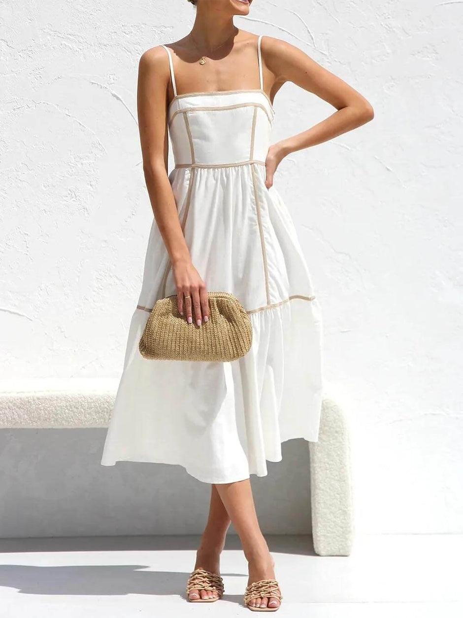 Contrast Color Trim Adjustable Straps Midi Dress Newgew Dresses