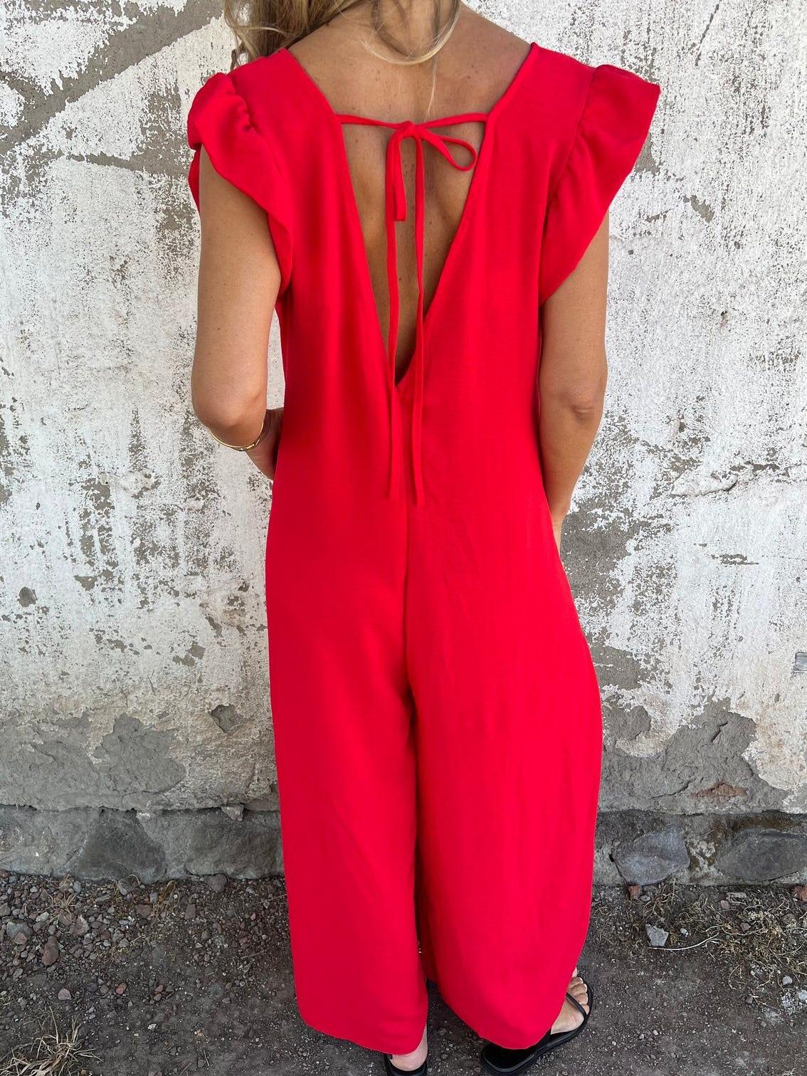 Leopard Print V-Neck Jumpsuit With Front Pockets Newgew Dresses