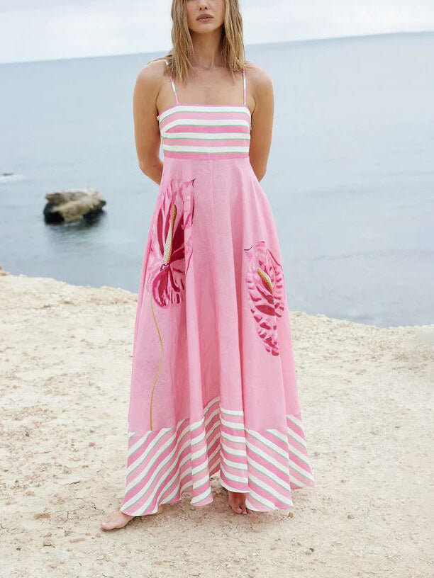 Floral Print Paneled Striped Suspender Mixi Dress Newgew Dresses