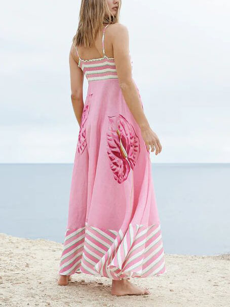 Floral Print Paneled Striped Suspender Mixi Dress Newgew Dresses