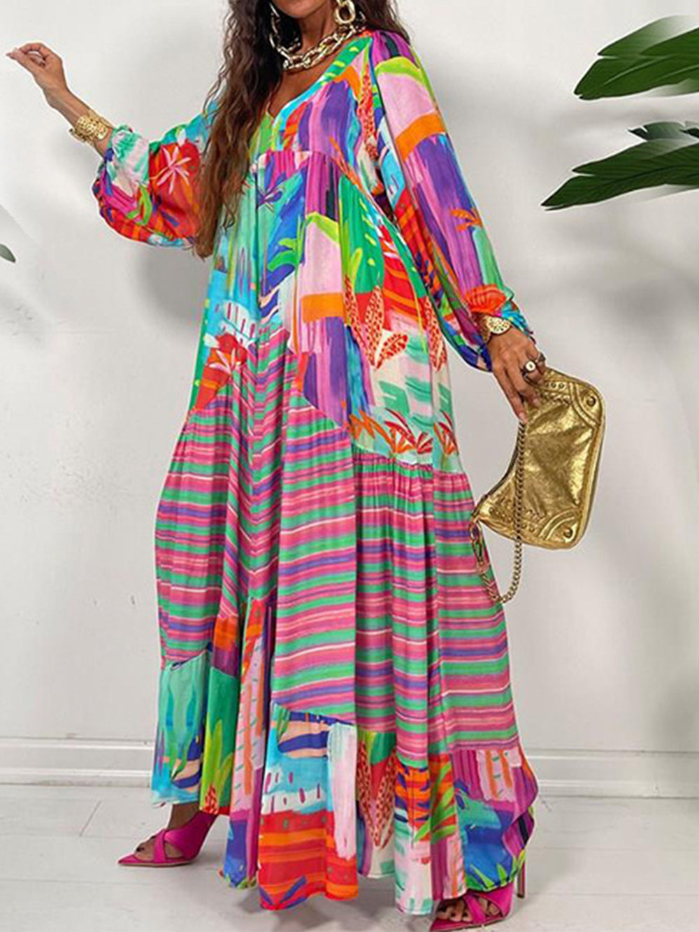 Oversized V-Neck Printed Maxi Dress Newgew Dresses