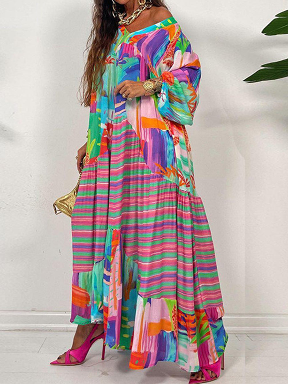 Oversized V-Neck Printed Maxi Dress Newgew Dresses