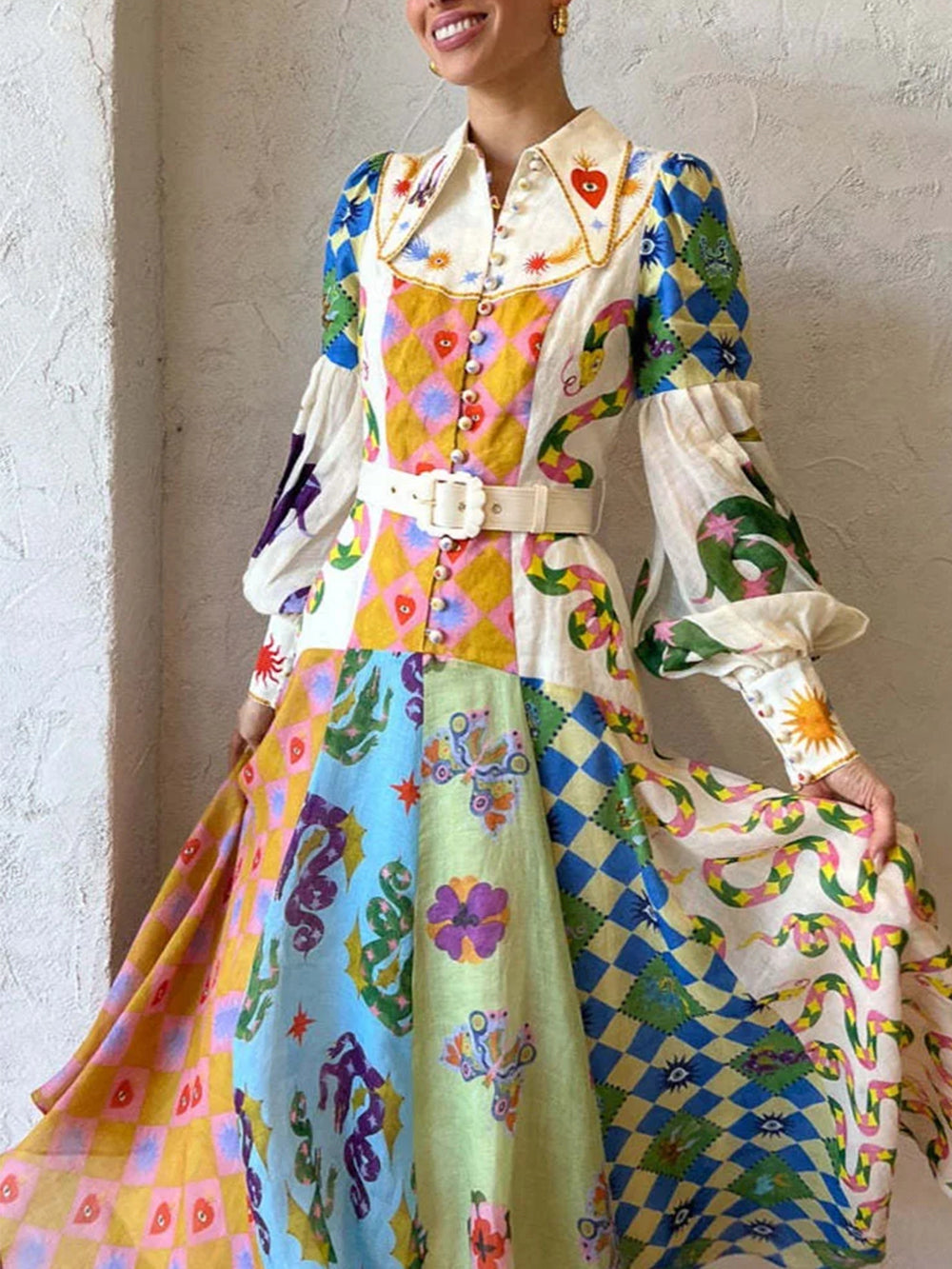 Fashion Graffiti Balloon Sleeve Long Irregular Dress Newgew Dresses