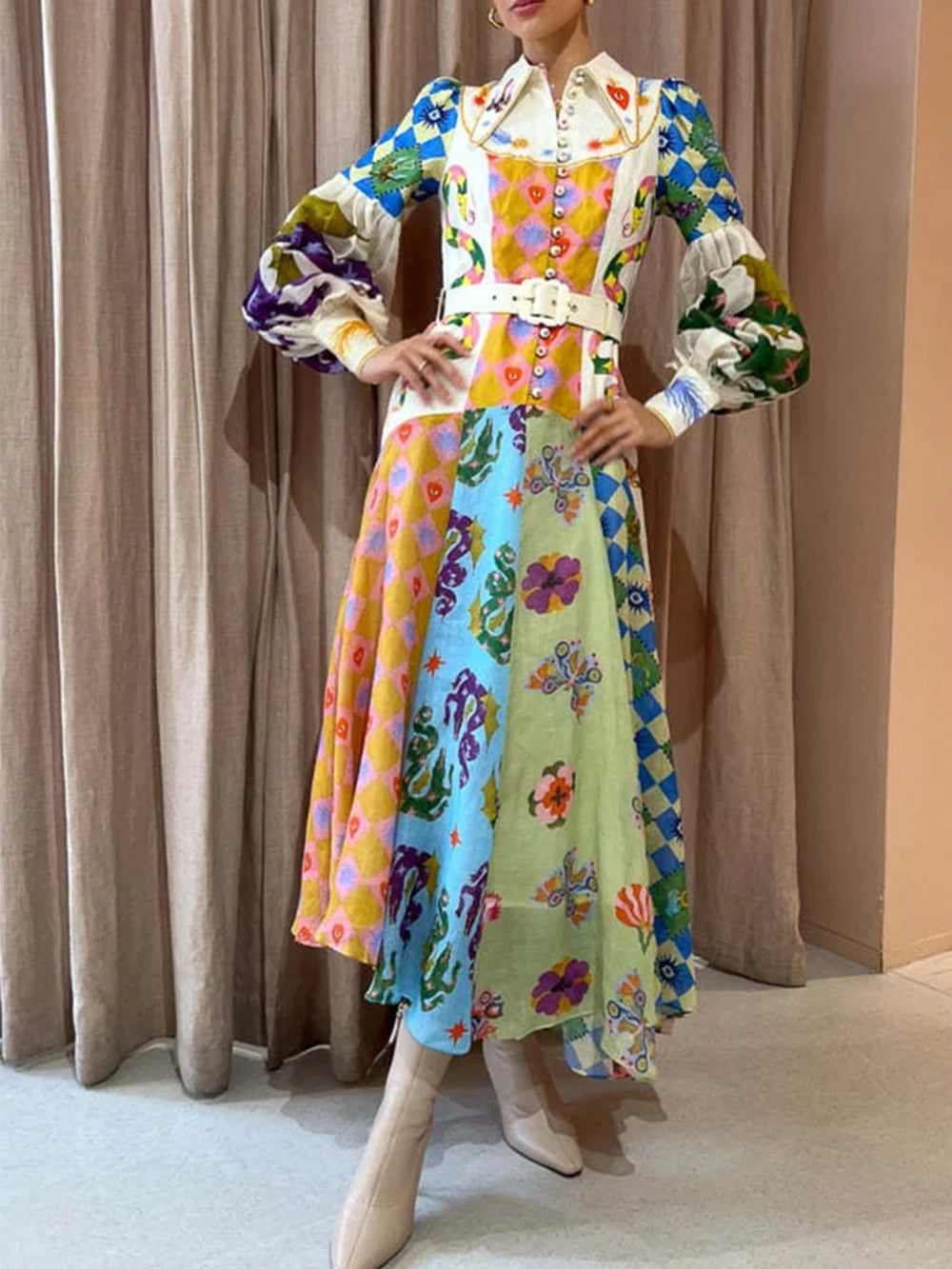 Fashion Graffiti Balloon Sleeve Long Irregular Dress Newgew Dresses