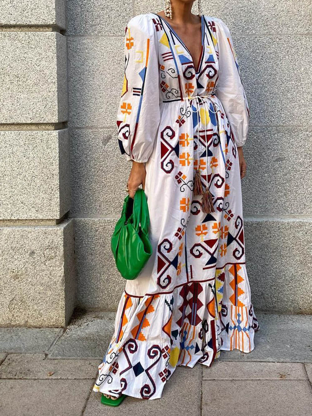 Holiday Style Lantern Sleeve Printed Long Dress Newgew Dresses