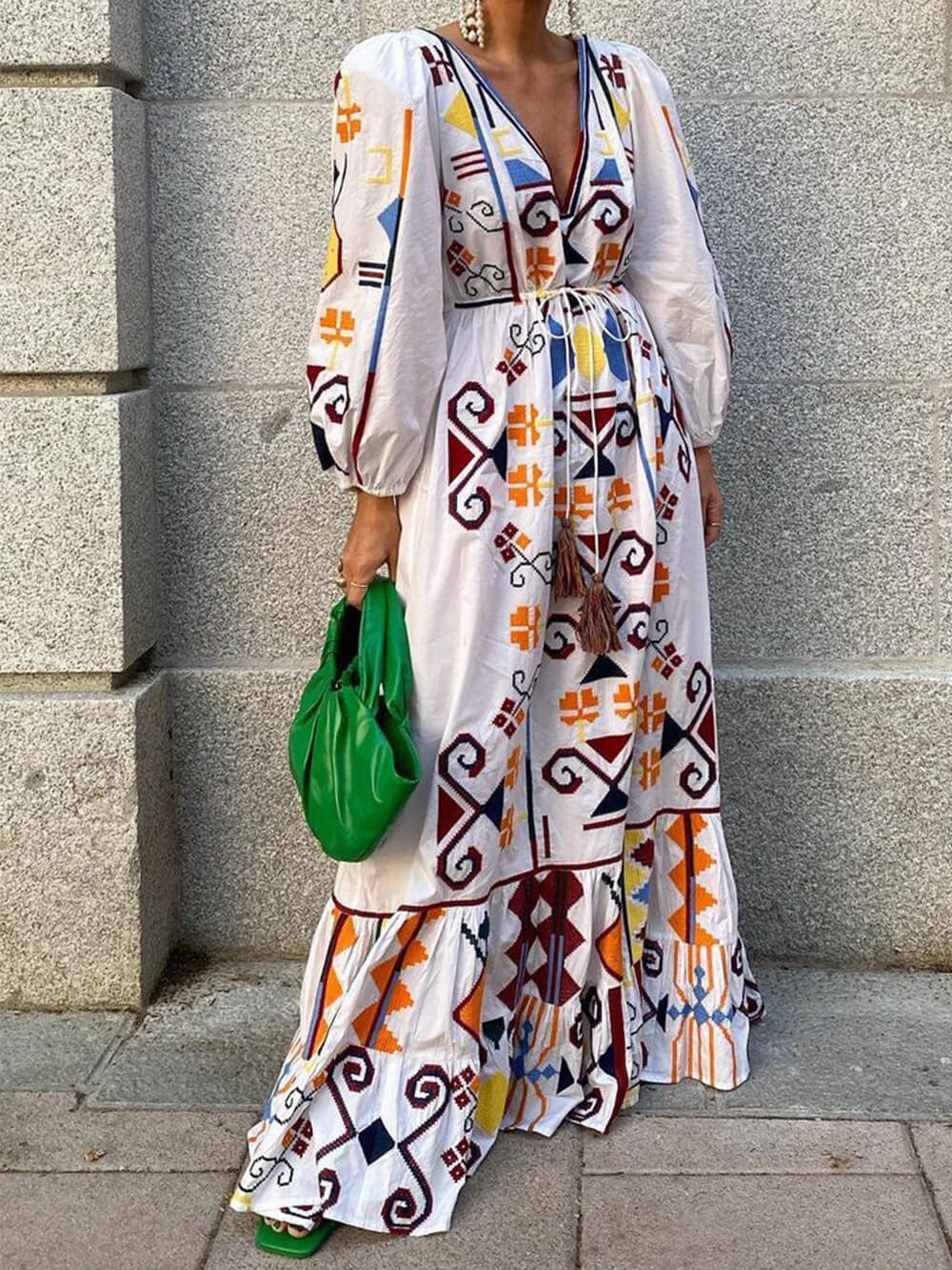 Holiday Style Lantern Sleeve Printed Long Dress Newgew Dresses