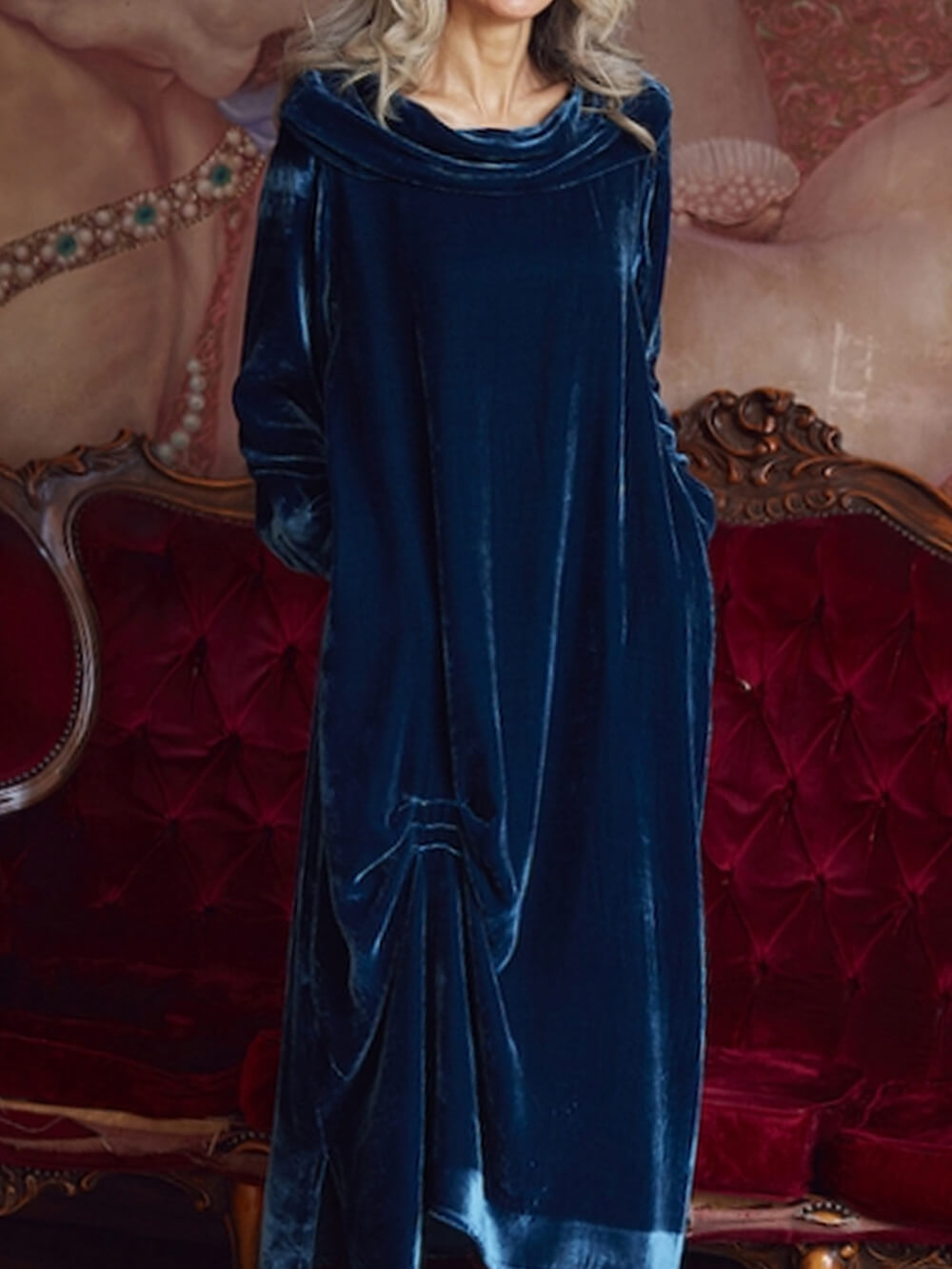 Draped Neck Ruched Velvet Midi Dress Newgew Dresses