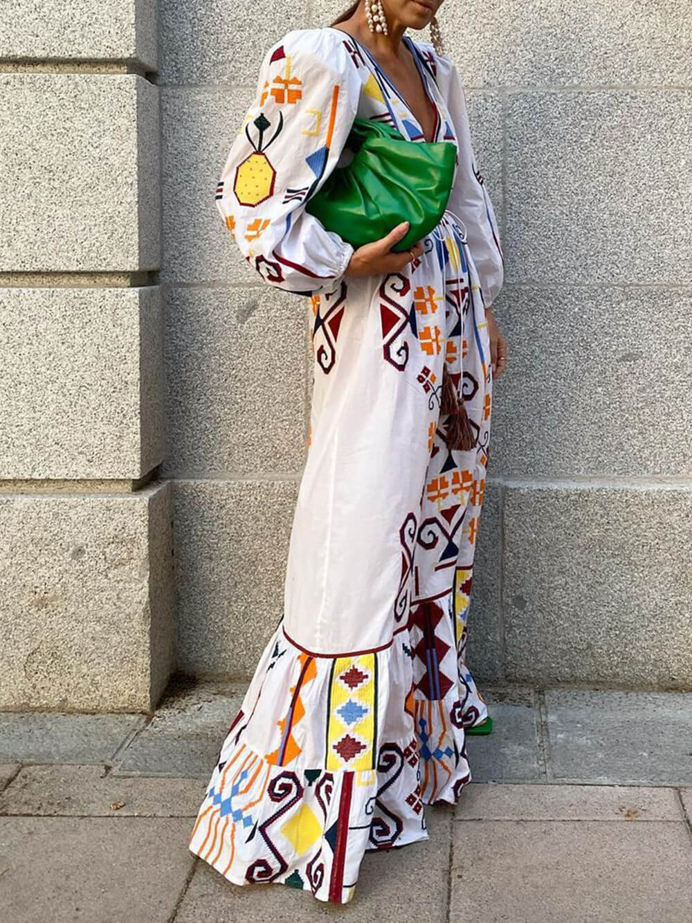 Holiday Style Lantern Sleeve Printed Long Dress Newgew Dresses