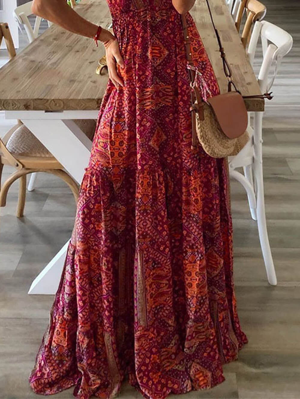 High Waist V-Neck Vintage Print Maxi Dress Newgew Dresses