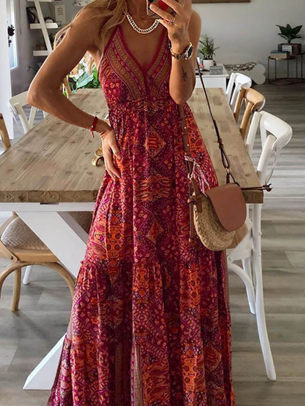 High Waist V-Neck Vintage Print Maxi Dress Newgew Dresses