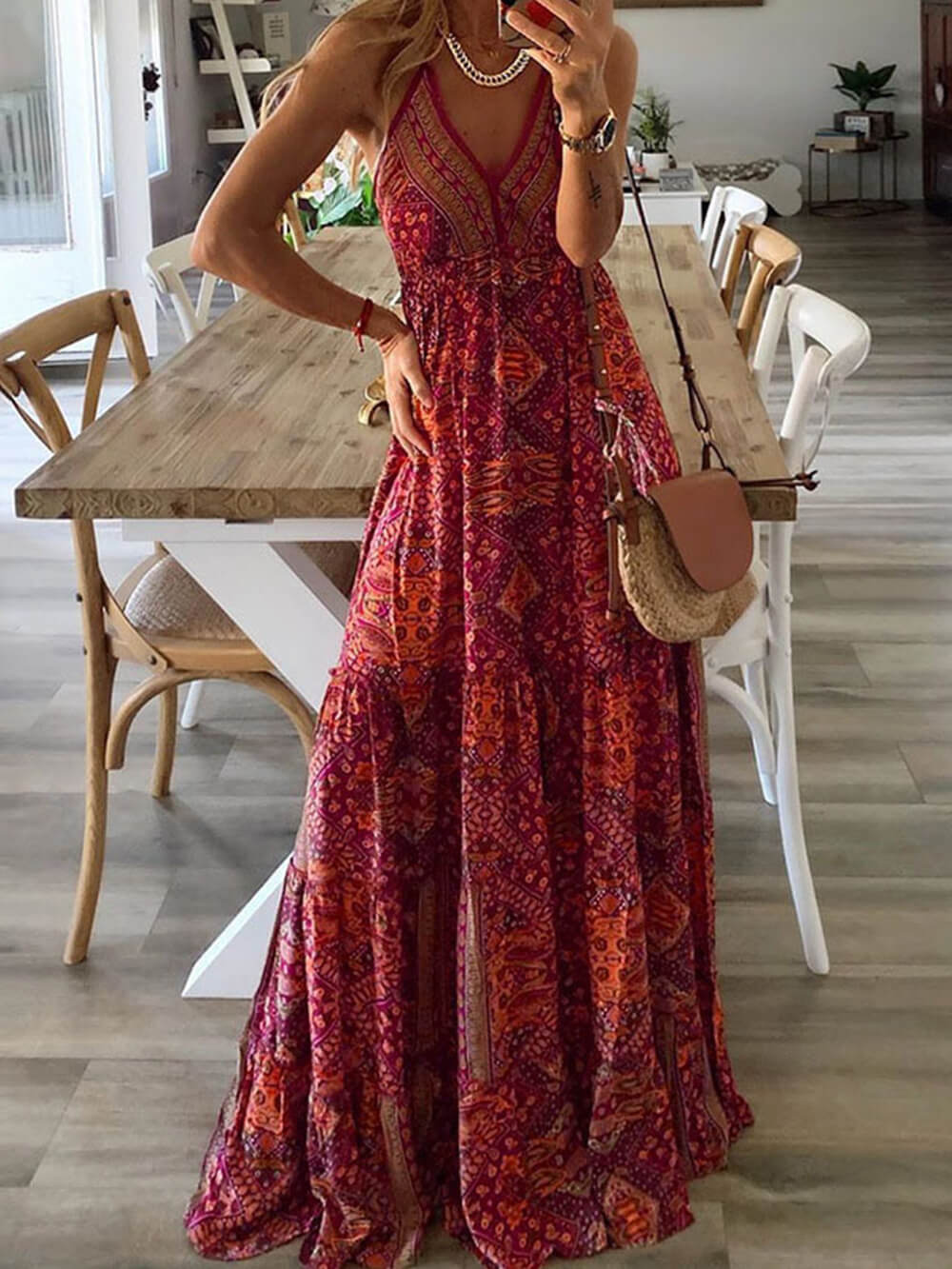 High Waist V-Neck Vintage Print Maxi Dress Newgew Dresses