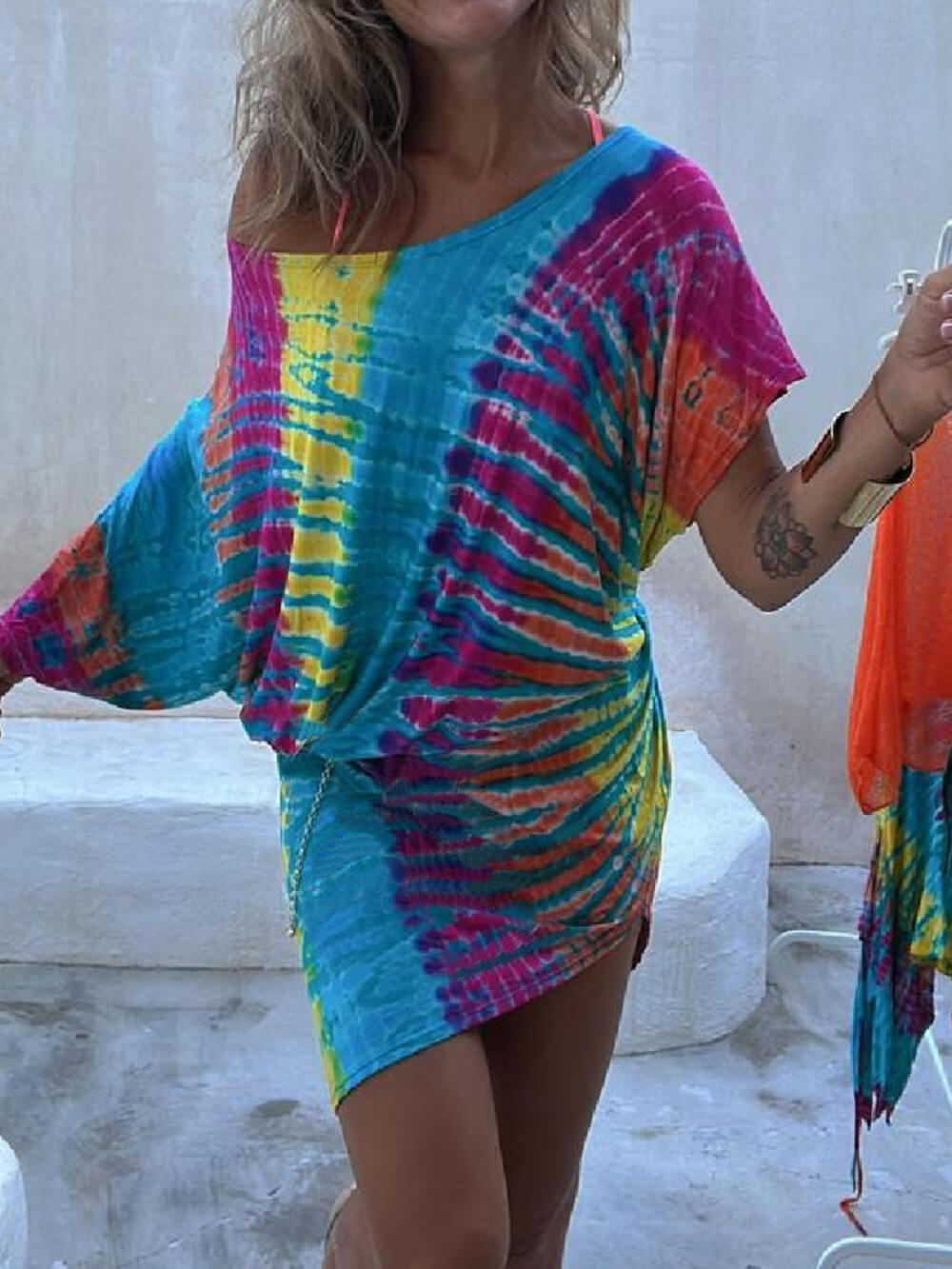Tie-Dye Crew Neck Mini Dress Newgew Dresses