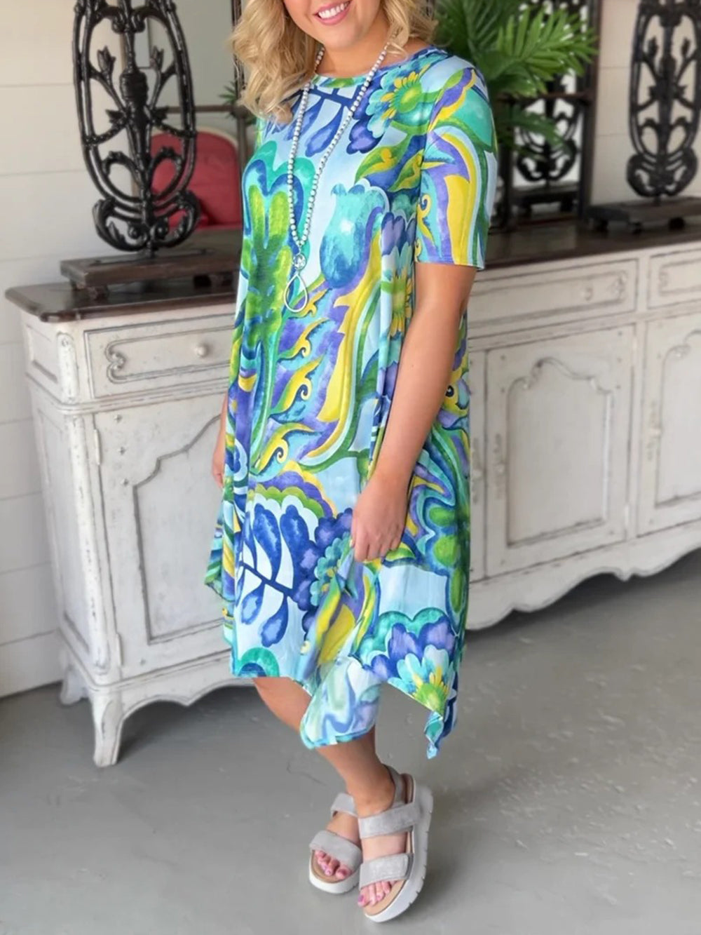 New short-sleeved dress glass printing round neck waist short skirt women's long skirt Newgew Dresses