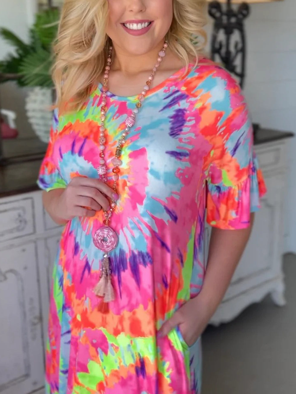 Tie-dye positioning casual V-neck pullover skirt short-sleeved long skirt Newgew Dresses