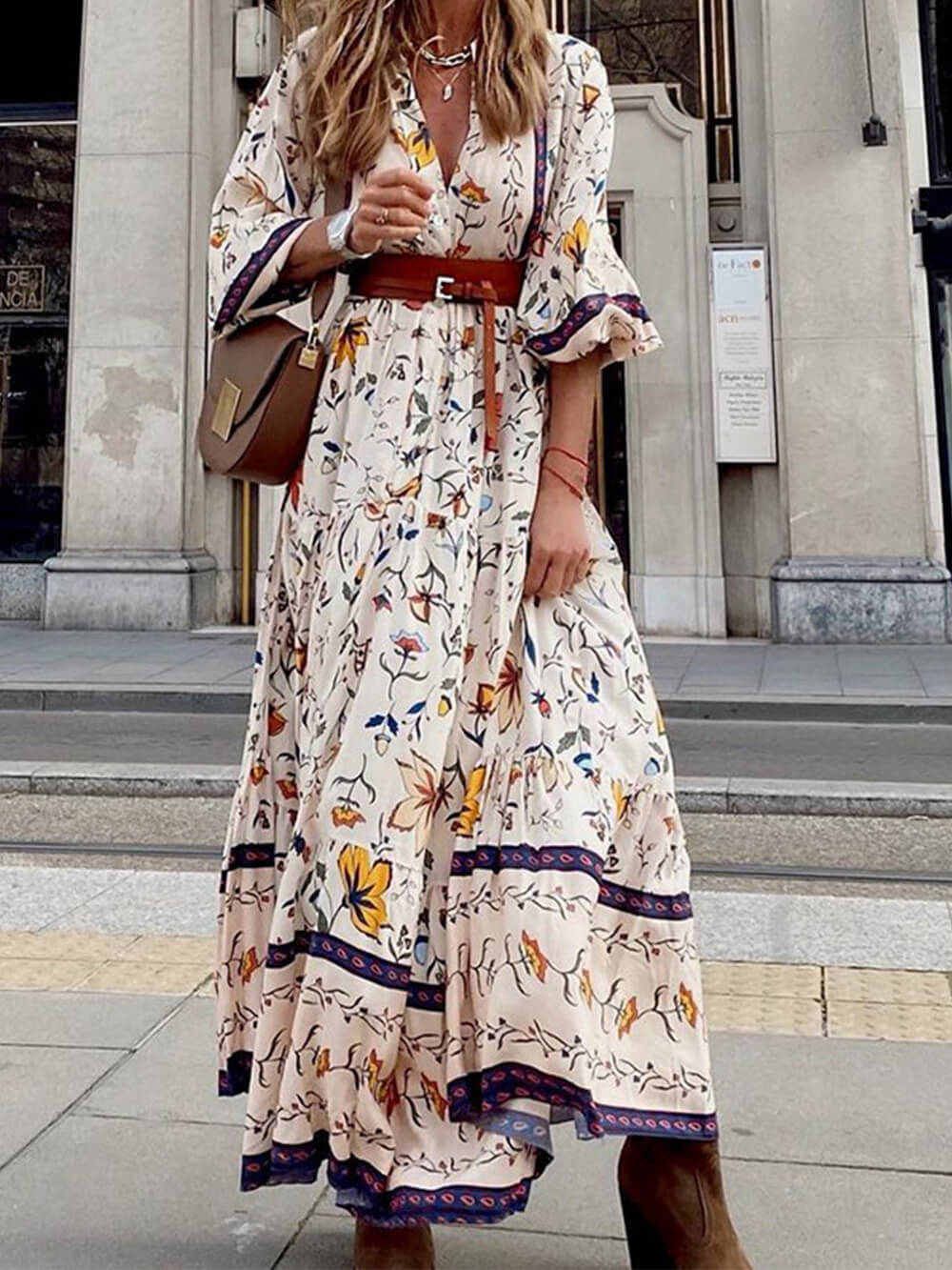 V-Neck Printed Loose Maxi Dress Newgew Dresses