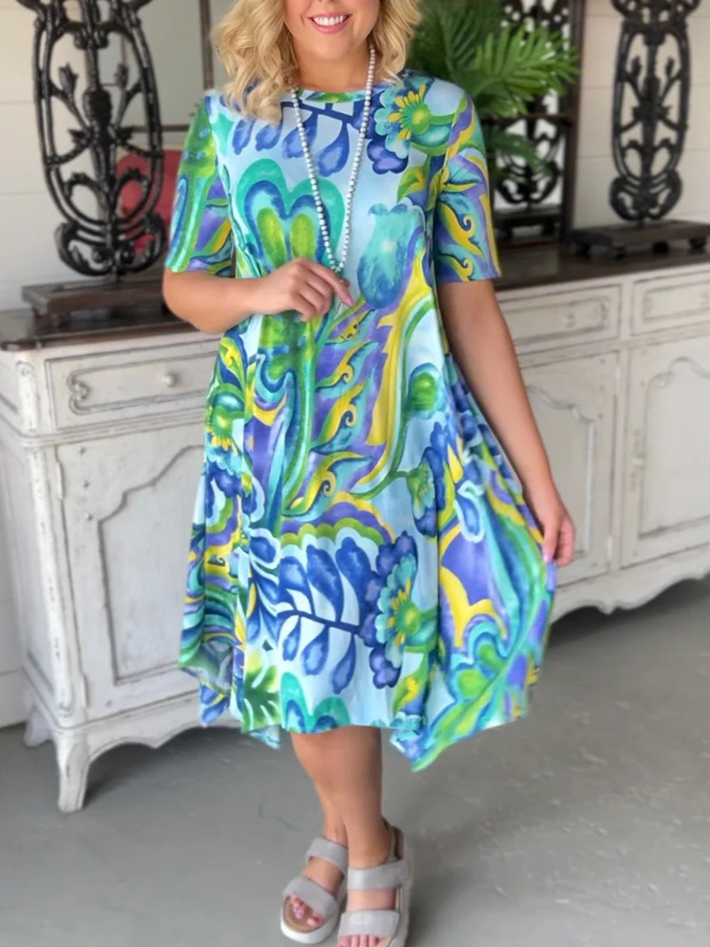 New short-sleeved dress glass printing round neck waist short skirt women's long skirt Newgew Dresses