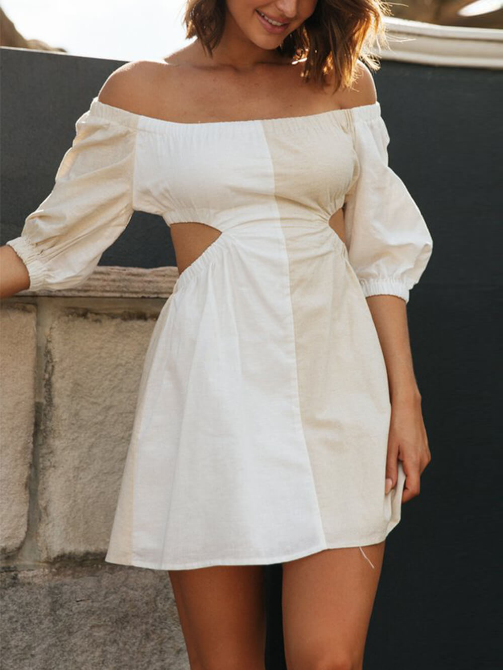 One-Shoulder Off-Waist Balloon Sleeve Mini Dress Newgew Dresses