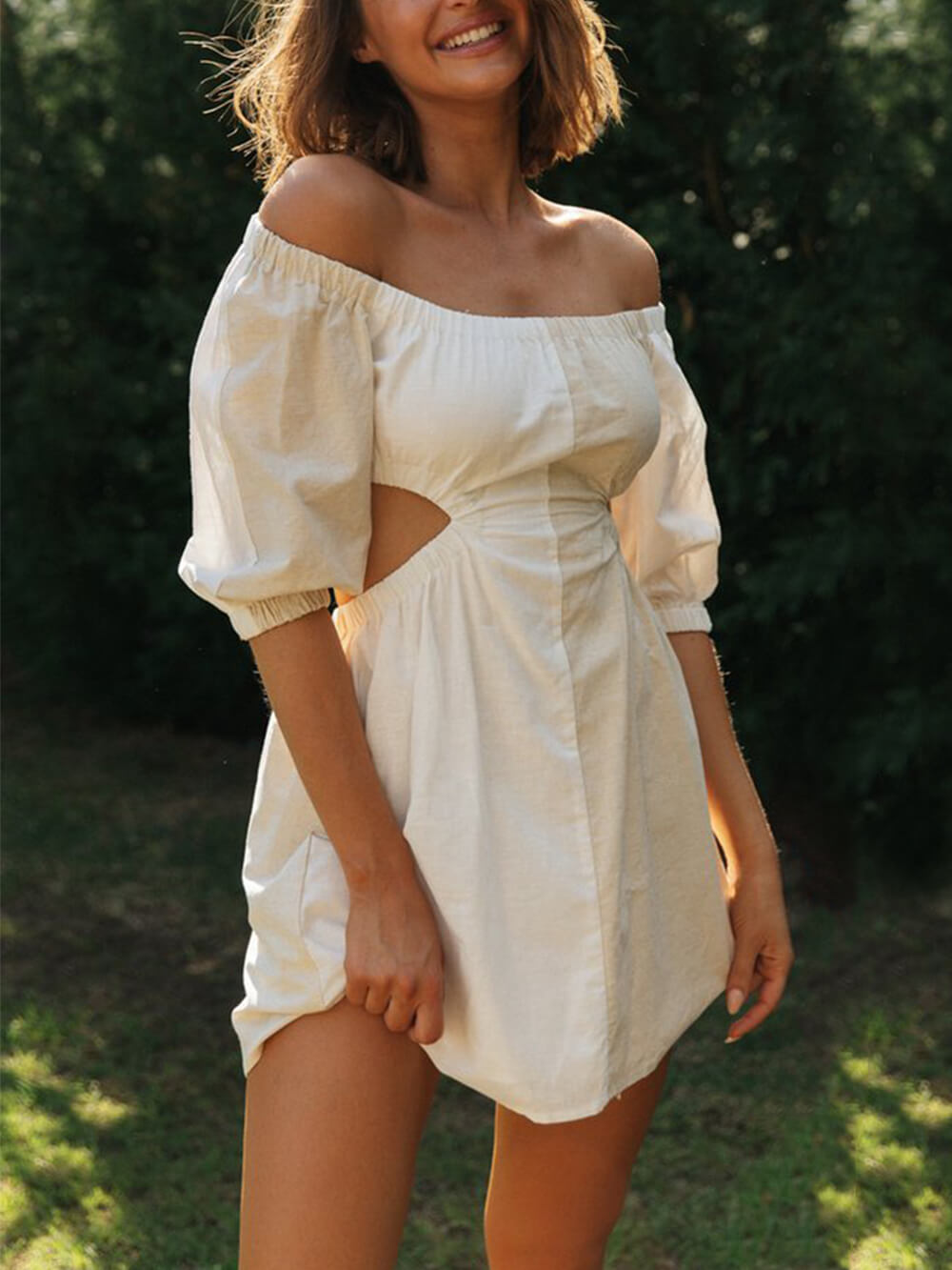 One-Shoulder Off-Waist Balloon Sleeve Mini Dress Newgew Dresses