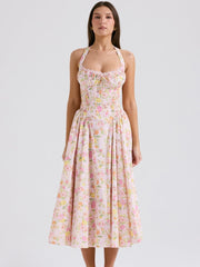 Pink Meadow Print Backless Midi Tank Dress Newgew Dresses
