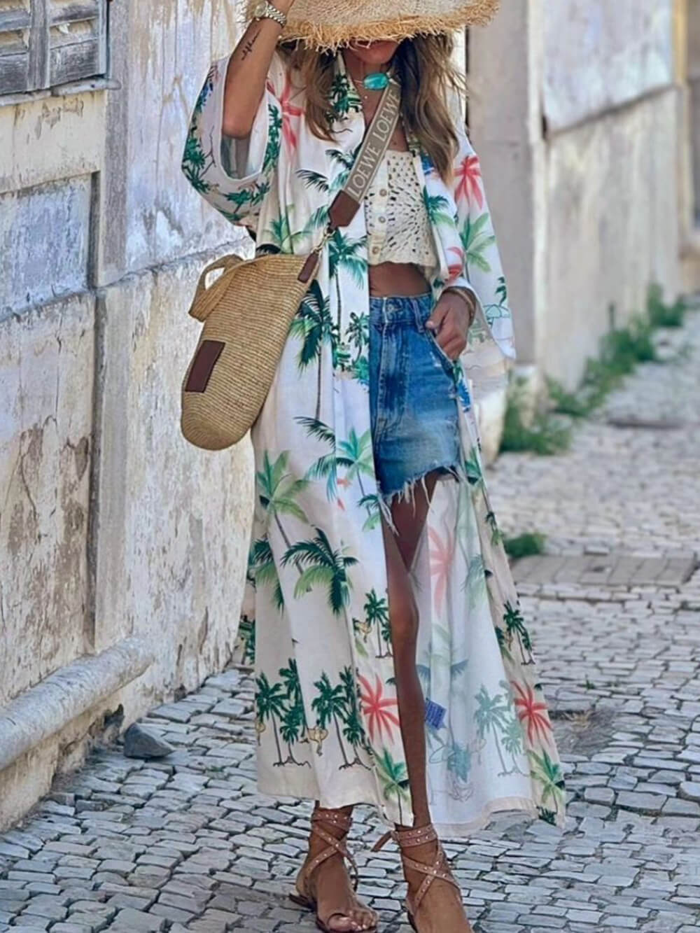 Vacation Style Botanical Print Tie-Waist Long Cover-Up Dress Newgew Dresses