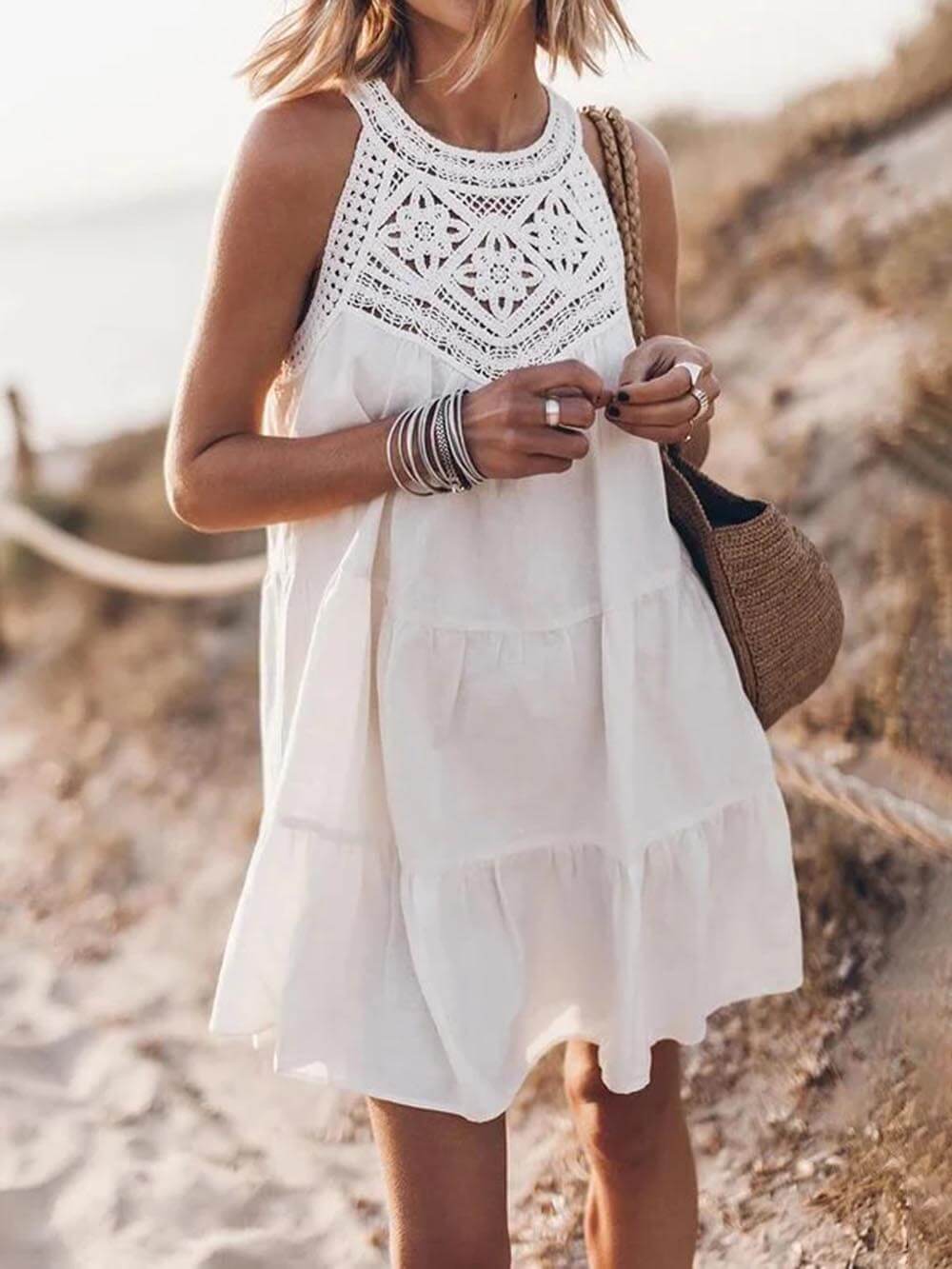 Hollow Lace Patchwork Halterneck A-Line Mini Dress Newgew Dresses