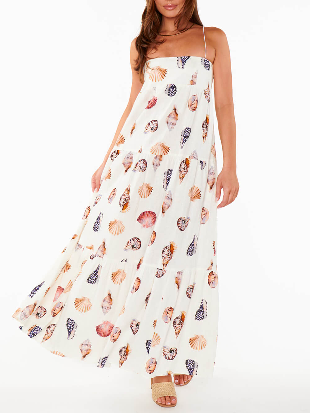 Unique Shell Conch Print Pleated Pockets Lightweight Maxi Dress Newgew Dresses