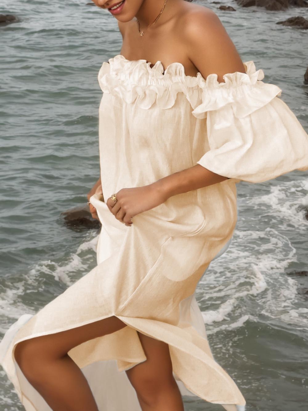 Off Shoulder Ruffle Puff Sleeve Pocketed Midi Dress Newgew Dresses