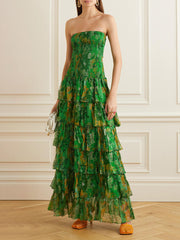 Strapless Layered Bandeau Floral Print Maxi Dress Newgew Dresses